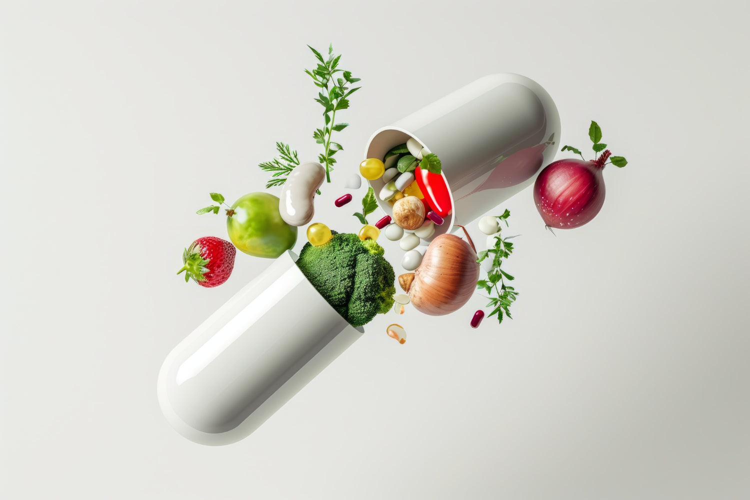 gesundes Essen in einem pillenförmigen Behälter