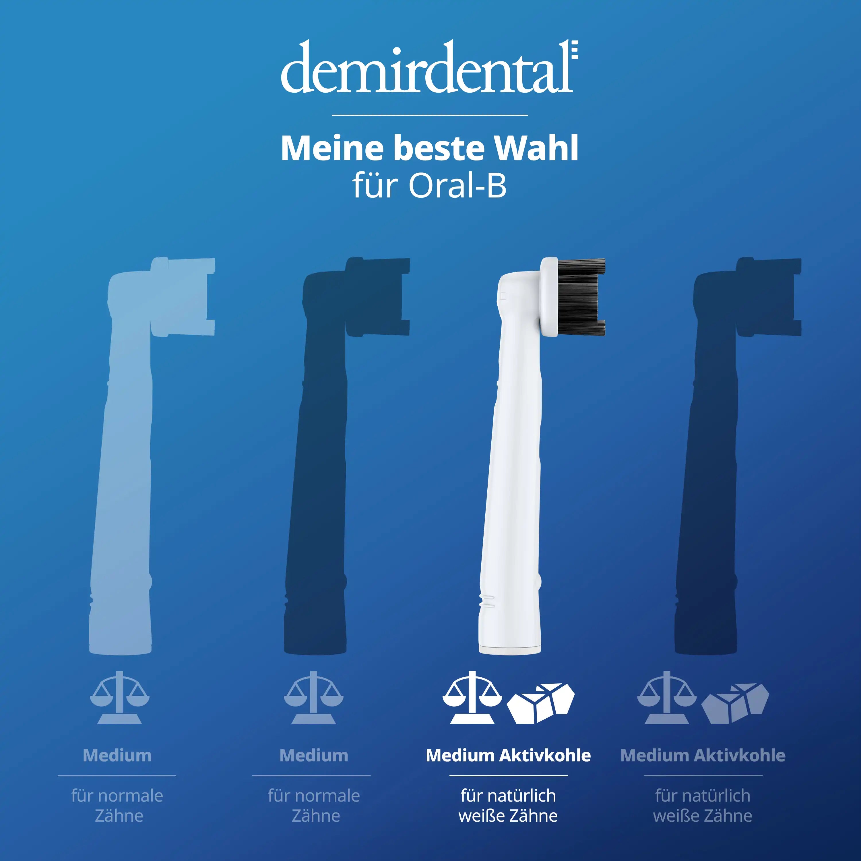 Medium Aktivkohle Aufsteckbürsten für Oral B Rundköpfe rotierend | Weiß