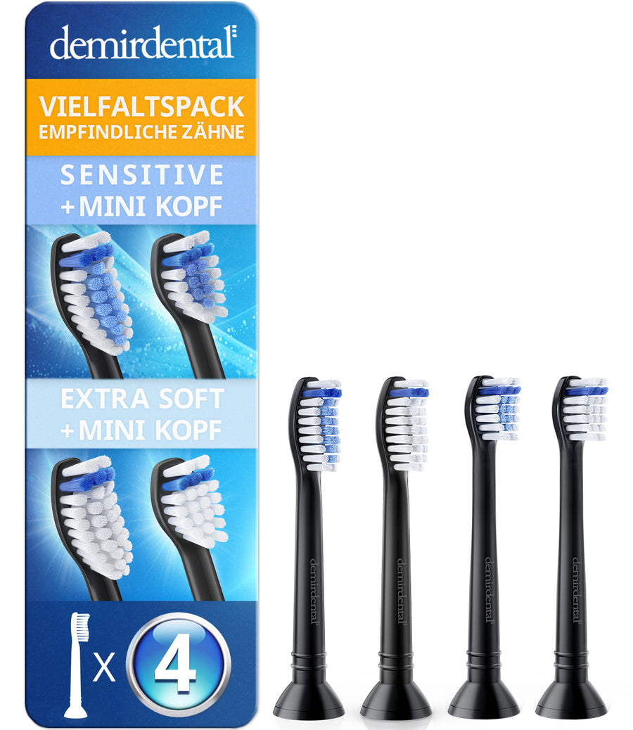 Vielfaltspack Sensitive & Extra Soft Mini Aufsteckbürsten für Philips Sonicare | Schwarz | HX6004/1b | 4er Paket